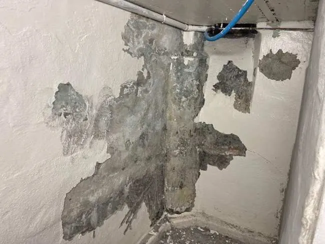 Mur de cave degrade par l'humidite avant traitement